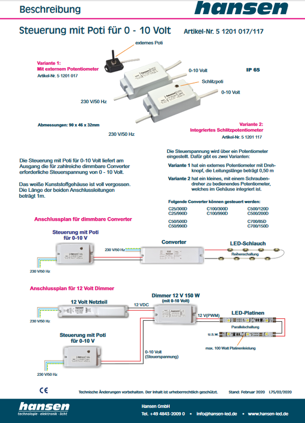 Hansen Multifunktions-Steuerung mit Poti für 0 - 10 V dimmbare Converter 51201017