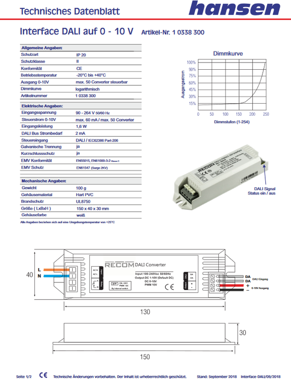 Hansen Interface für DALI auf 0-10 V,dimmbare Converter 10338300