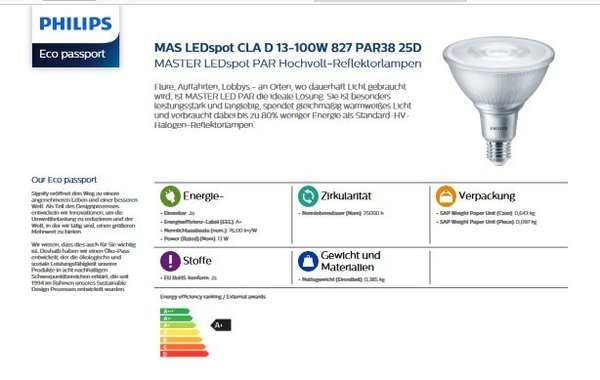Philips LED-Leuchtmittel MASTER spot PAR38 13-100W 827 E27 25°dim